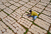 Bogura, Bangladesh - 04 December 2022: Aerial view of a man meticulously arranging white, circular food items to dry on a gridded green field, creating a geometric pattern.