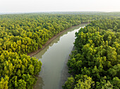 Aerial view of a tranquil river meanders through the dense, verdant Sundarban mangrove forest, its waters reflecting the sky above, Sundarban, Khulna Division, Bangladesh.