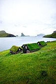 Blick auf malerische, grasbedeckte Häuser, die sich an einen grünen Hügel schmiegen, mit Blick auf das ruhige, von Inseln gesprenkelte Wasser, eine fesselnde Szene, Bøur, Vágar, Färöer Inseln.
