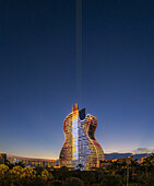 Hollywood, United States - 14 August 2025: Aerial view of the iconic Seminole Hard Rock Hotel Guitar casting a vibrant glow across the Florida skyline, a symphony of light and architecture.