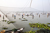 Pabna, Bangladesch - 28. November 2023: Blick auf Fischer, die mit großen Fischernetzen durch das seichte Wasser waten und eine Szene konzentrierter Aktivität vor einem weichen, nebligen Horizont schaffen.