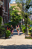 Brooklyn, United States - 10 August 2025: View of pedestrians strolling along a sun-drenched sidewalk lined with brownstones and verdant trees, capturing the vibrant street life of Brooklyn.