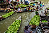 Atghar Kuriana Union, Bangladesh - 28 July 2017: View of boats laden with vibrant green fruits jostling on the water, reflecting the bustling trade and life along the river..