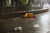 Chattogram, Bangladesh - 04 October 2022: View of a figure in saffron lying prostrate on a wet pavement amidst scattered litter, reflecting the stark reality of urban life.