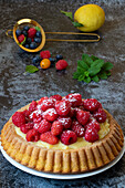 Crostata morbida with vanilla cream and raspberries