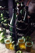Frischer Cidre in Gläsern und Flaschen, mit Äpfeln