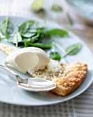 Crispy goat's curd pancake with ice cream and herbs