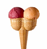 Cone with two scoops of ice cream: blackcurrant and melon