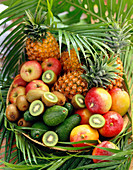 Basket of exotic fruits and leaves