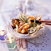 Vegetable tempura with herbs and prawns