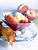 Poached pears and vanilla ice cream with raspberry coulis