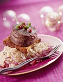 Venison steak on bed of toasted gingerbread and pickled cabbage