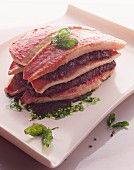 Red mullet and tapenade layer
