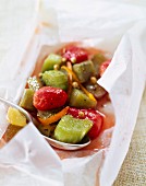 Rhubarb and strawberries cooked in wax paper