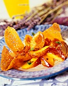 Lavender-flavored apricot and peach salad with crunchy wafers
