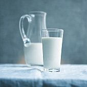 Glaskrug und Glas mit Milch