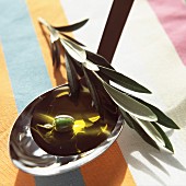Grüne Olive in grossem Löffel mit Olivenöl