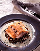 salmon steak with bacon and lentils, beer and horseradish sauce