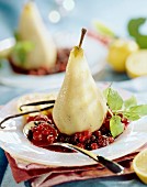 steamed vanilla pear on bed of stewed summer fruit