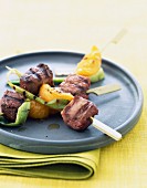 fillet of duck breast and apricot skewers