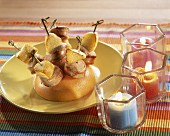White sausage and apple brochettes