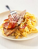Pan-fried foie gras with bacon and tagliatelle