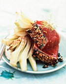 Half-cooked red tuna with grilled sesame seeds and fennel