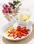 apricot cream ice cream and strawberries (topic: fruit duo)