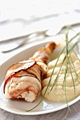 Rolled monkfish tail of smoked breast, mashed potatoes