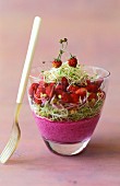 Beetroot mousse with beansprouts and wild strawberries