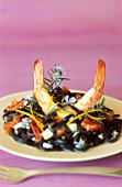 Tagliatelle with cuttlefish ink and prawns