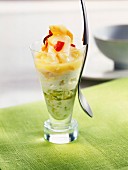 Verrine of cod with potato soup,red pepper, leek and creme fraiche