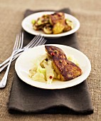 Pan-fried foie gras with stewed cabbage and leeks