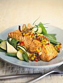 Fried salmon with vegetables tatar