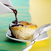Bread pudding with chocolate sauce