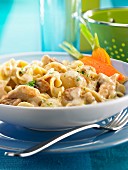 Fusilli with chicken, mushrooms and spring onions