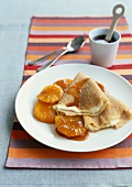 Pancakes with custard and orange salad with salted butter caramel