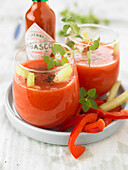 Chilled tomato and pepper Gaspacho with apple and Tabasco