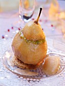 Poached pear with pistachio jelly