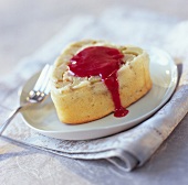 Rhubarb and fromage blanc pudding with raspberry puree