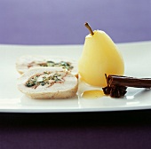 Rolled chicken breast stuffed with ham,poached pear with cinnamon