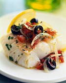 Alaska cod with tomatoes and olive