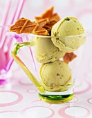 Pistachio ice cream with pieces of Gaufrettes