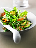 Warmer Gemüsesalat aus dem Wok mit Zucchini, Möhren, Bohnen, Zuckerschoten und Koriander