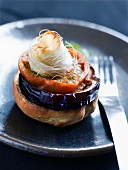 Caramelized eggplant Mille-feuille topped with crunchy mozzarella