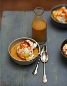 Whipped egg whites with toffee custard
