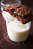 Chocolate almond cookies with milk (Close Up)