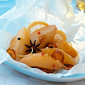 Spicy pear cooked in wax paper
