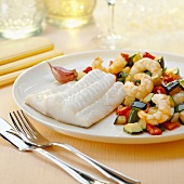 Steam-cooked white fish fillet ,ratatouille with shrimps