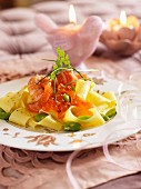 Tagliatelles with shrimps,salmon roe and broad beans